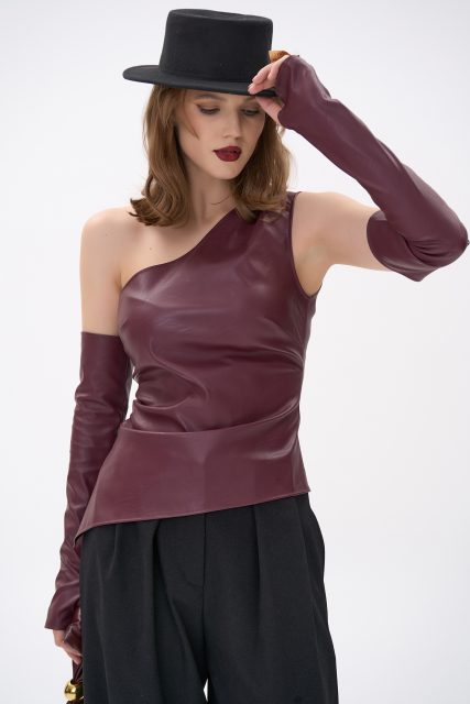 Кожаный топ с рукавами Рикси (бордовый)