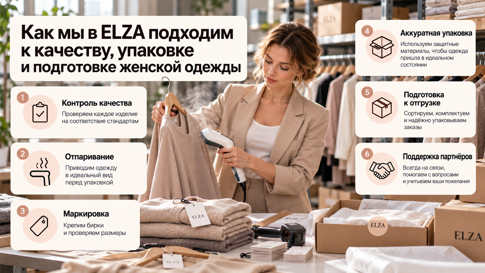 Как мы в ELZA подходим к качеству, упаковке и подготовке женской одежды