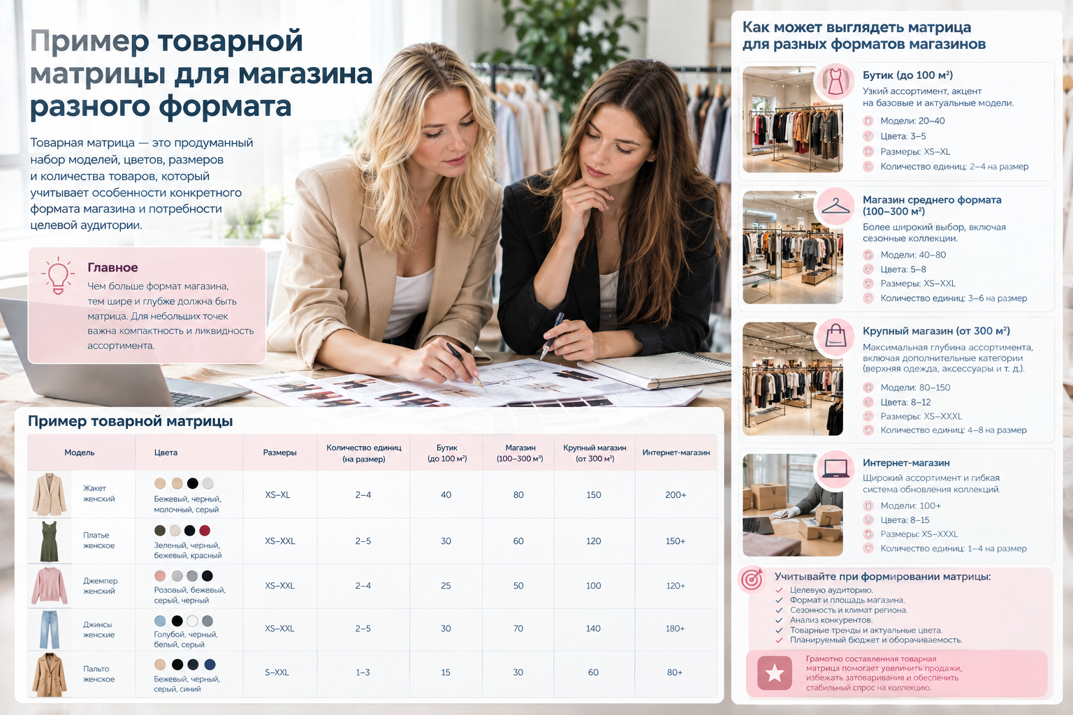 Пример товарной матрицы для магазина разного формата