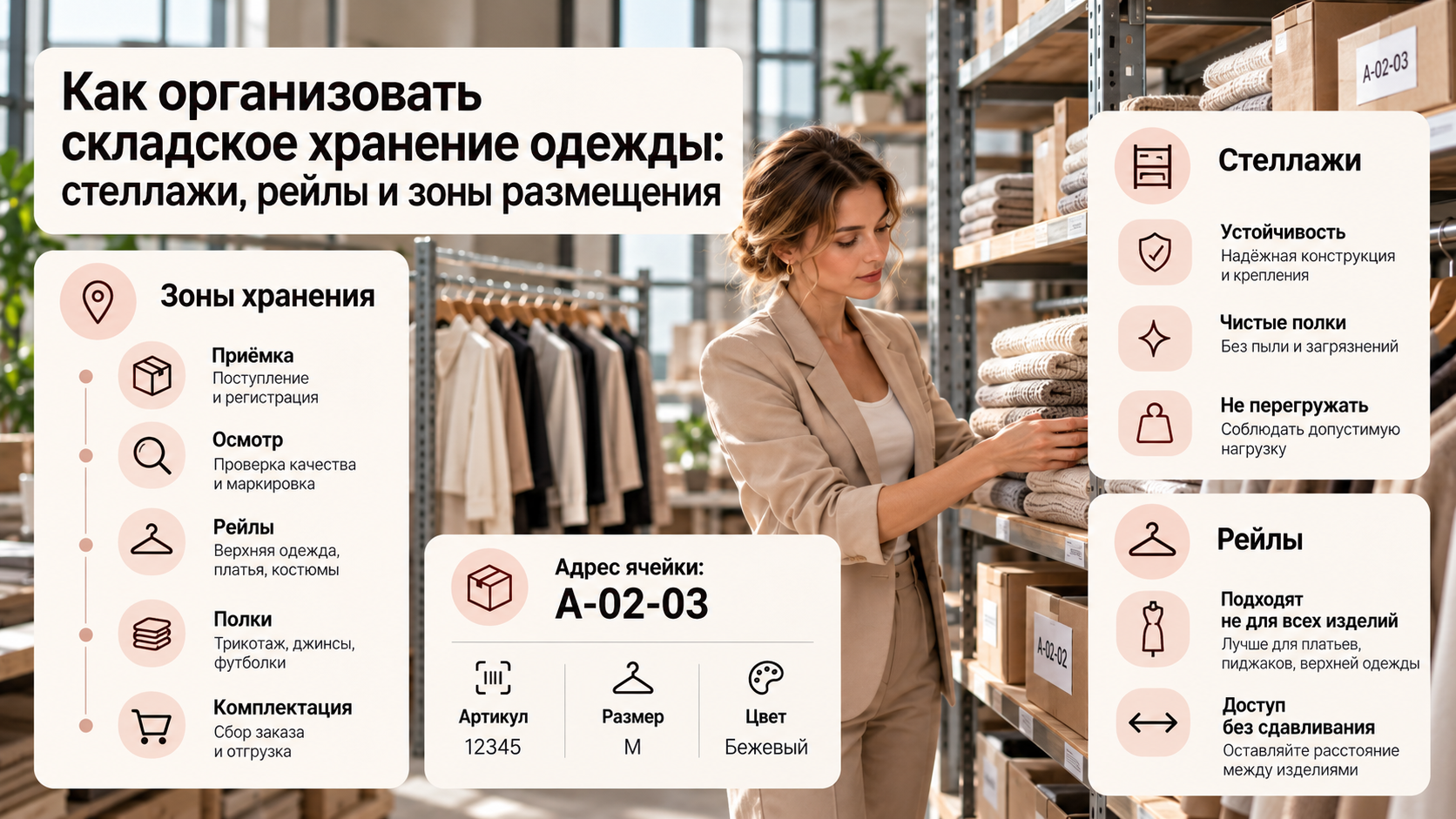 Как организовать складское хранение одежды: стеллажи, рейлы и зоны размещения