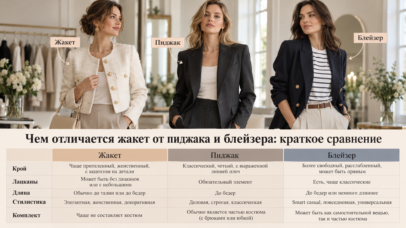 Чем отличается жакет от пиджака и блейзера: краткое сравнение