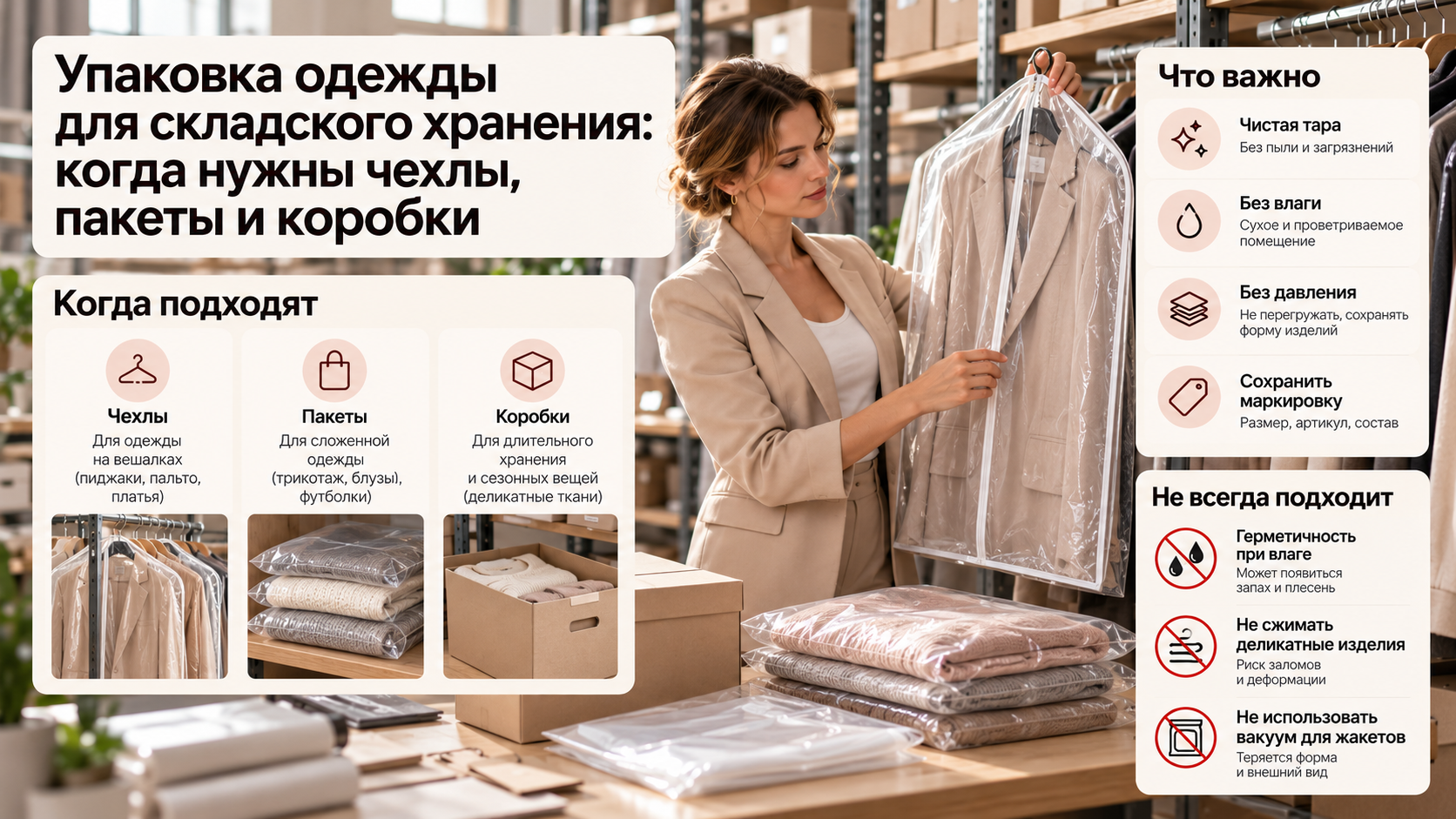 Упаковка одежды для складского хранения: когда нужны чехлы, пакеты и коробки