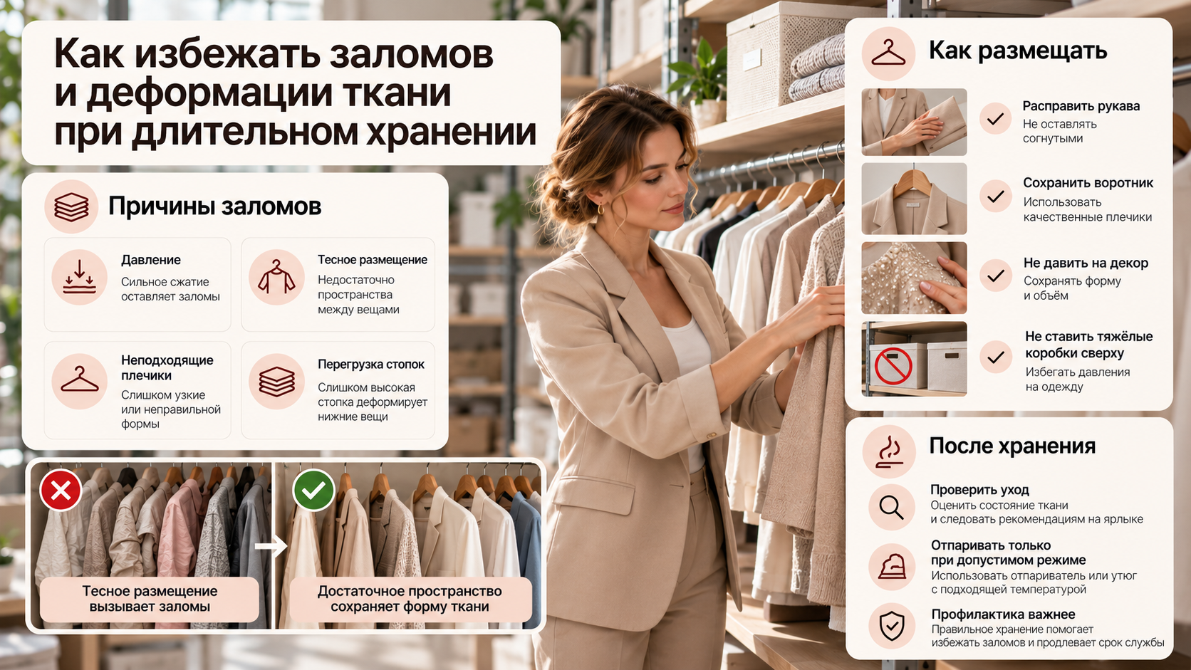 Как избежать заломов и деформации ткани при длительном хранении
